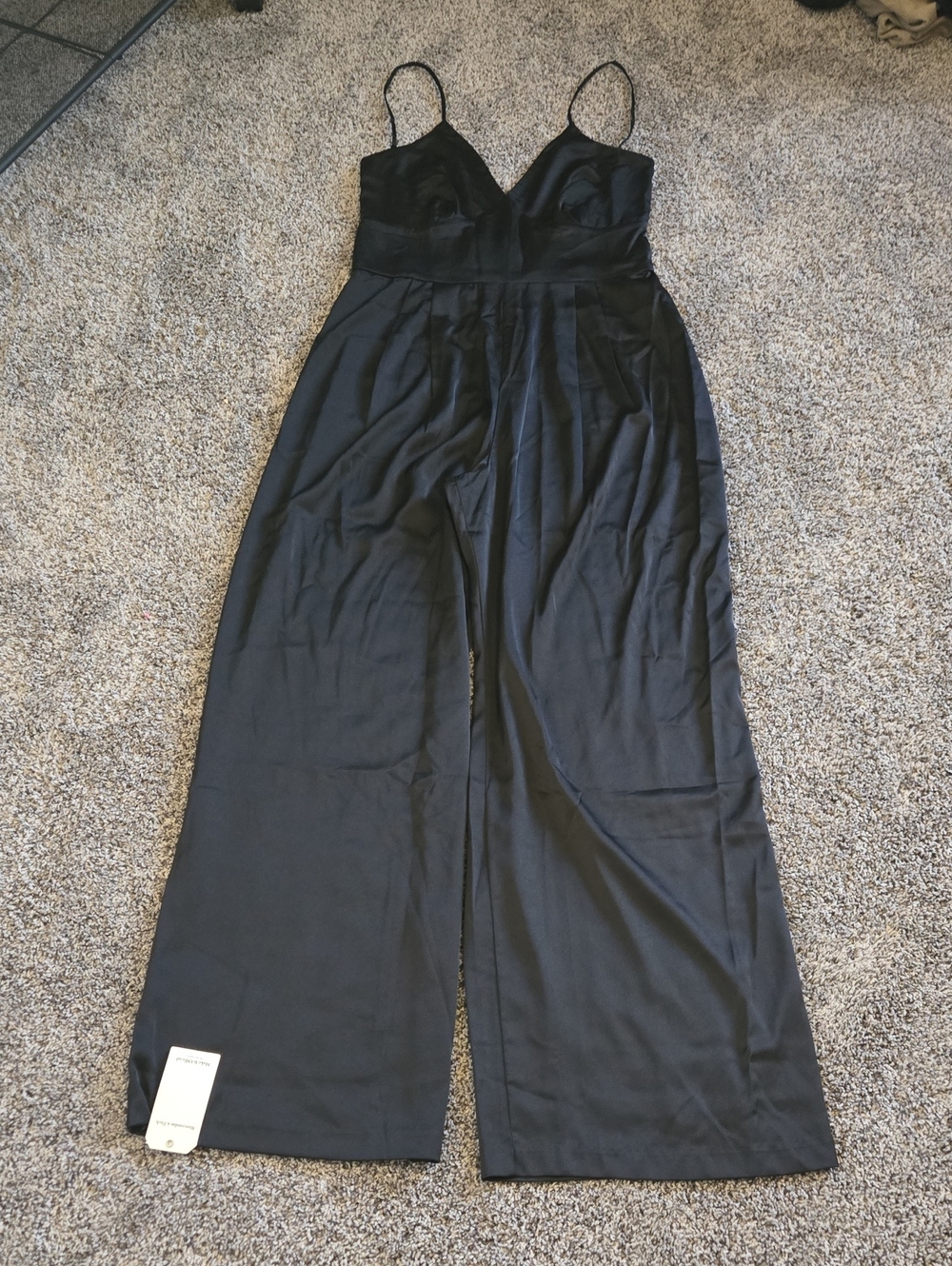 Abercrombie & Fitch Black Satin Spaghetti-Strap Wide-Leg Jumpsuit